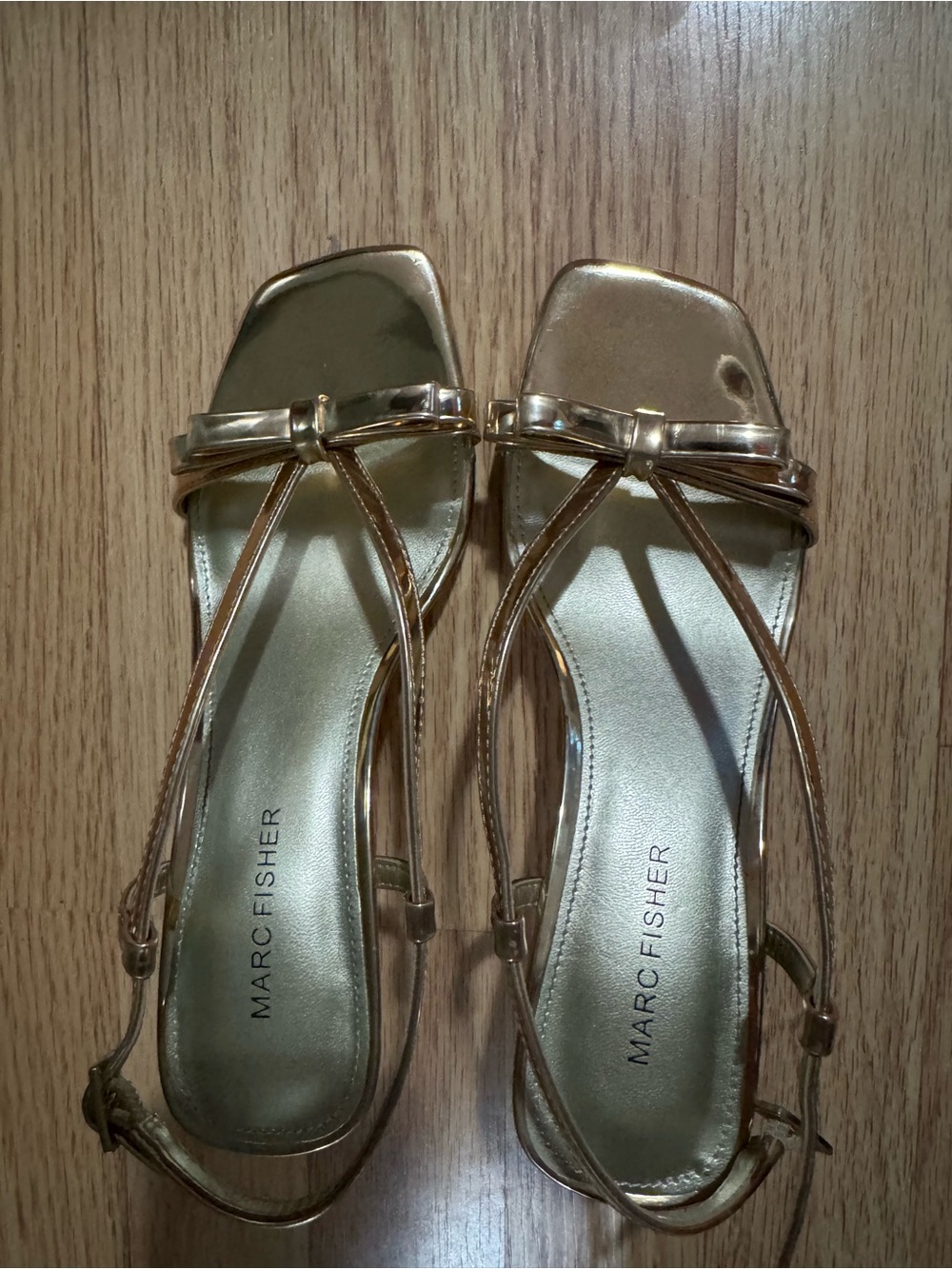 Marc Fisher Metallic Gold Square-Toe Strappy Sandals with Bow